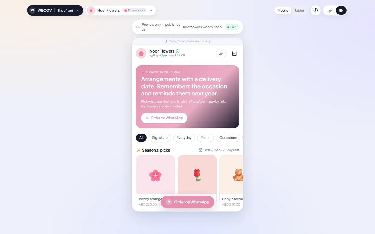 WeCov shopfront: a flower shop's ordering page, where every order continues on WhatsApp