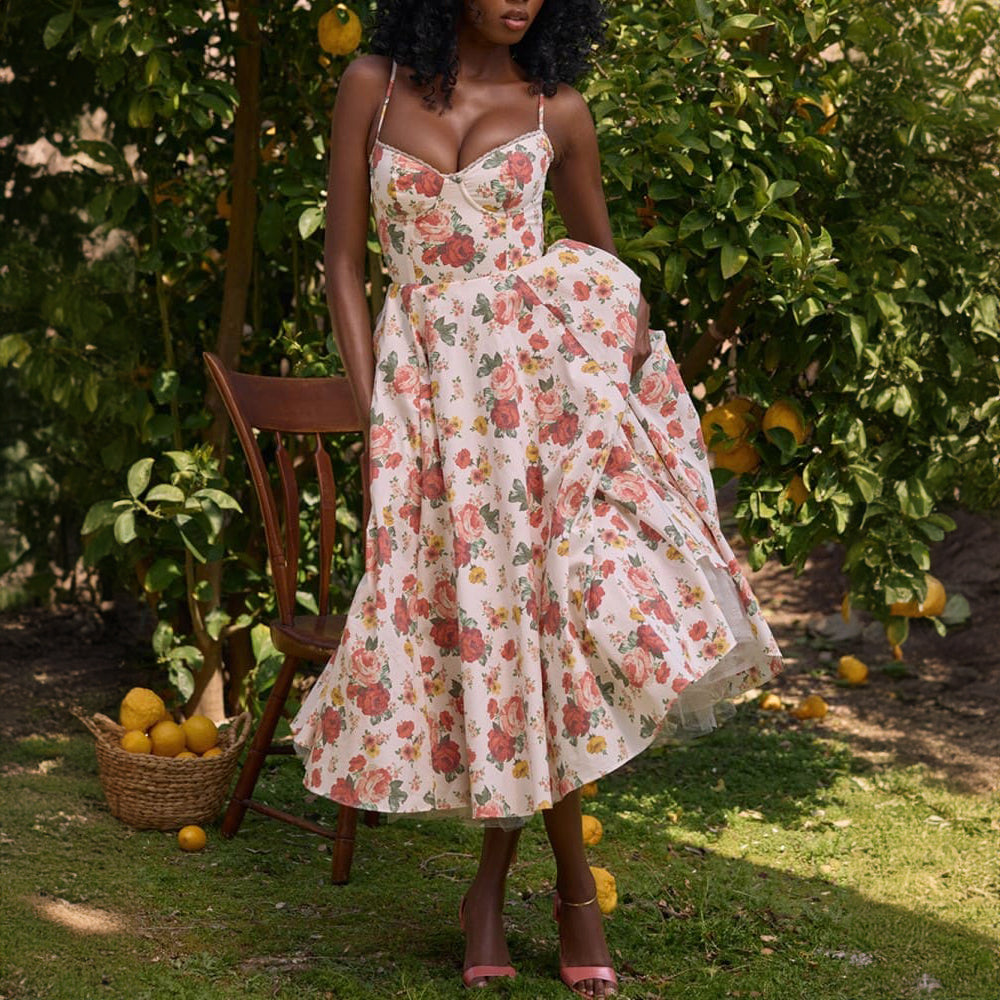 Robe Midi Italienne En Tuile À Imprimé Roses